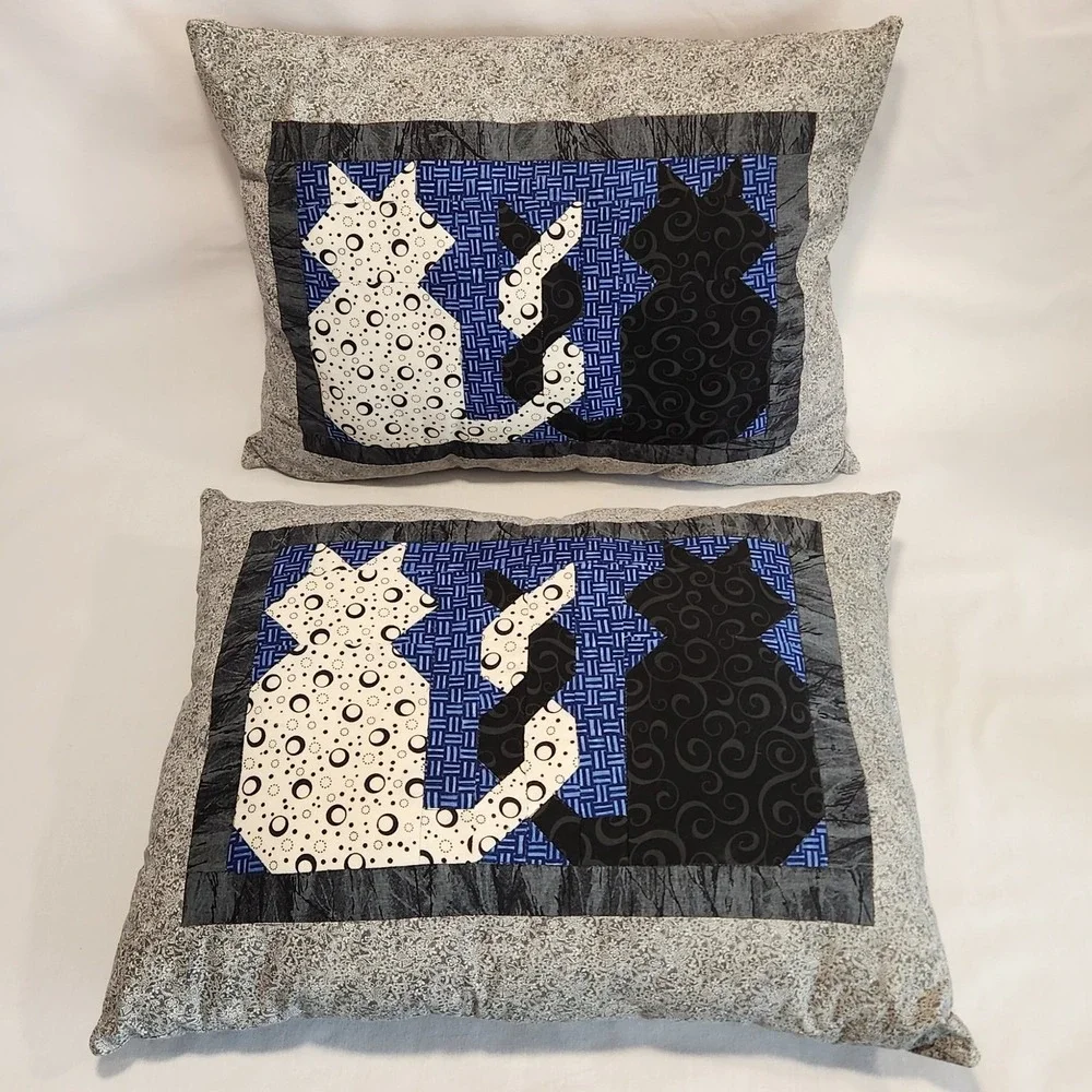 Set of 2 Handmade Quilted Cat Pillows 17x14 Black Blue White Intertwined Tails
